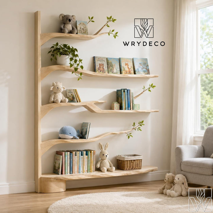 Large Handcrafted Natural Wood Tree Branch Nursery Bookshelf