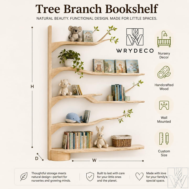 Large Handcrafted Natural Wood Tree Branch Nursery Bookshelf