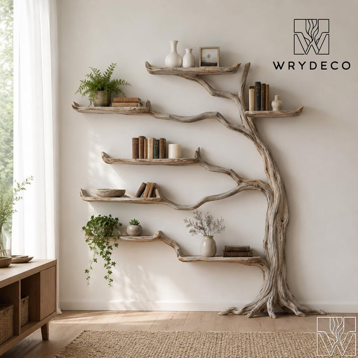 Handcrafted Tree Branch Shelf - Natural Wood Wall Bookcase