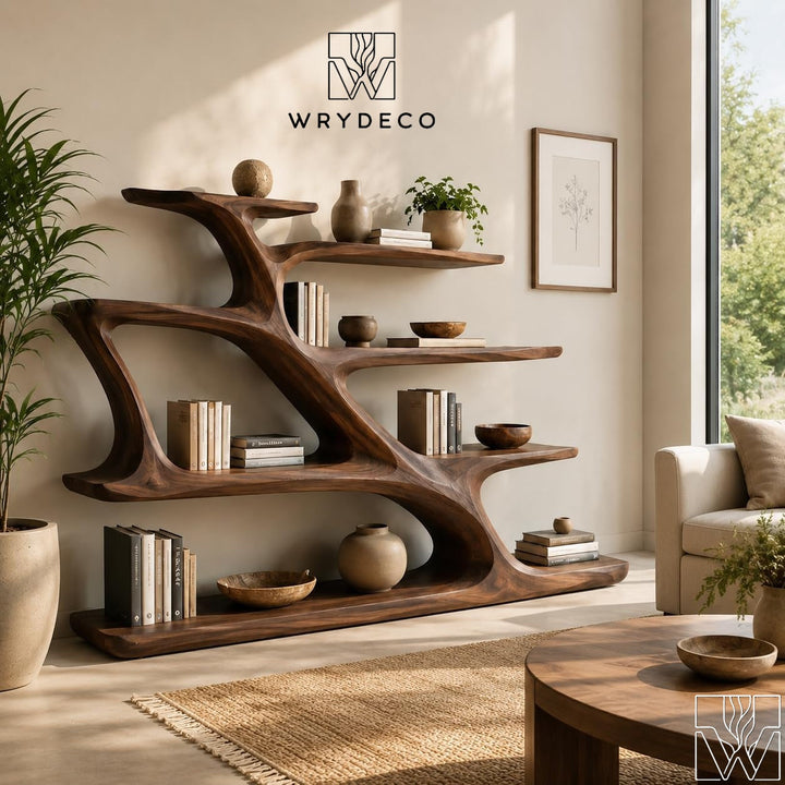 Modern Sculptural Curved Solid Wood Bookcase Display Shelf