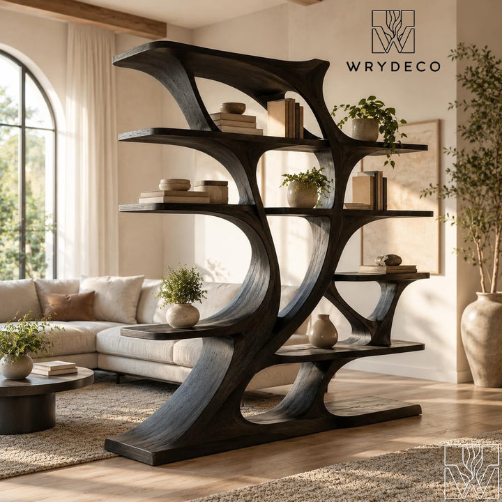 Artistic Solid Wood Curved Bookcase Freestanding Display Shelf