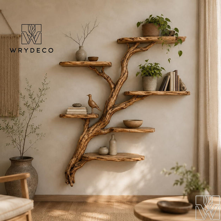 Wooden Tree Branch Wall Mounted Floating Bookshelf