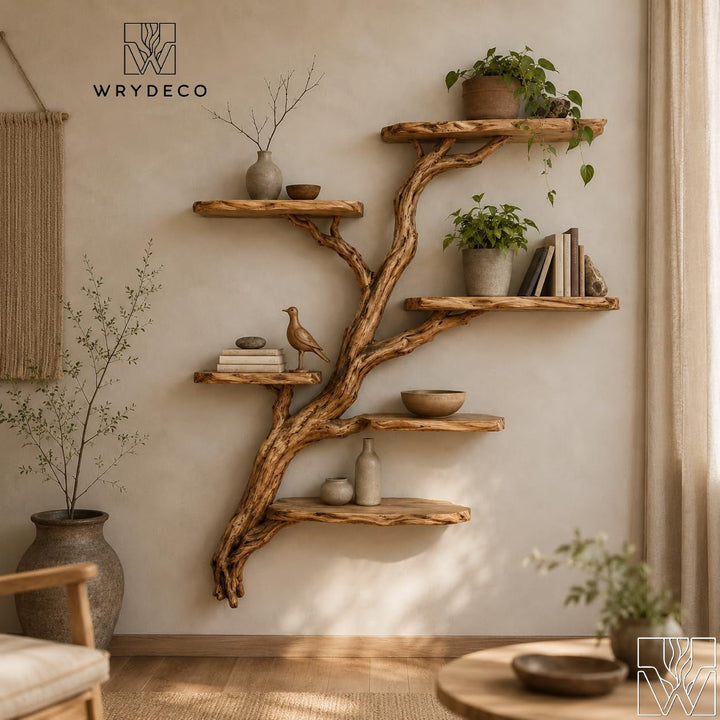 Wooden Tree Branch Wall Mounted Floating Bookshelf