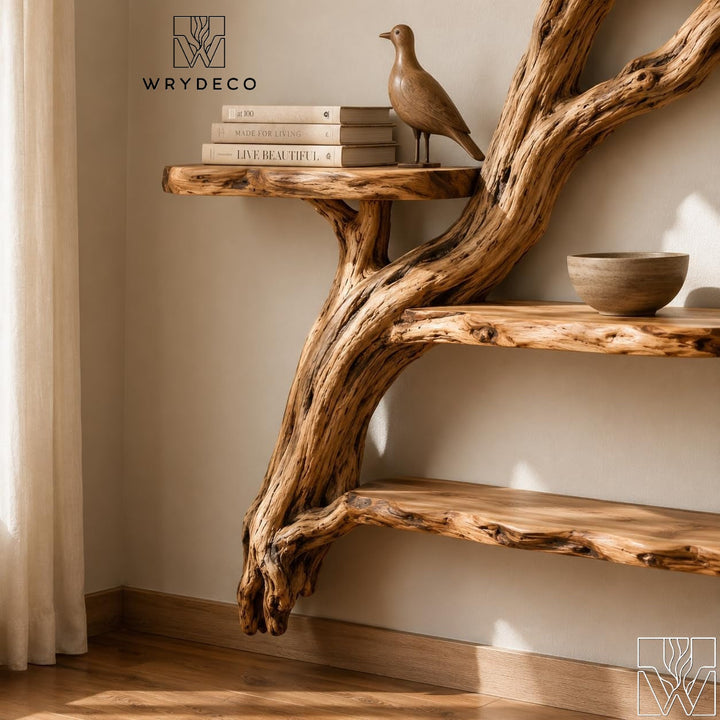 Wooden Tree Branch Wall Mounted Floating Bookshelf
