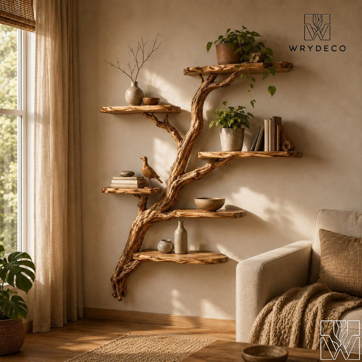 Wooden Tree Branch Wall Mounted Floating Bookshelf