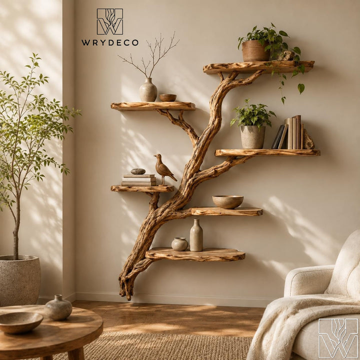 Wooden Tree Branch Wall Mounted Floating Bookshelf