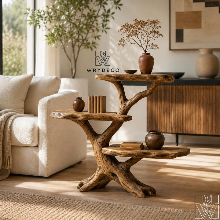 Rustic Wood Tree Console Table 3 Tier Display Shelf
