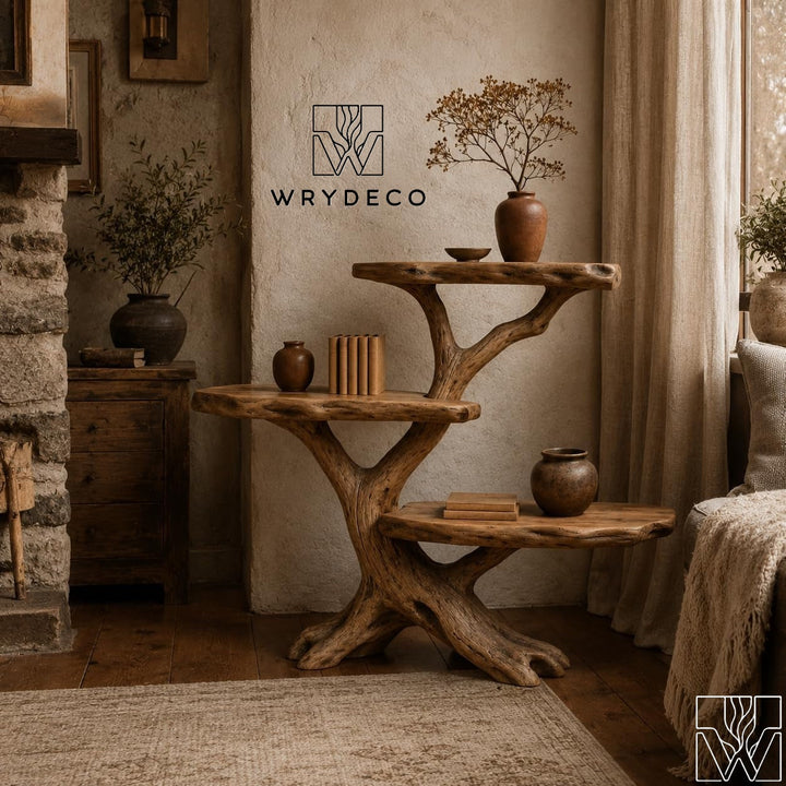 Rustic Wood Tree Console Table 3 Tier Display Shelf