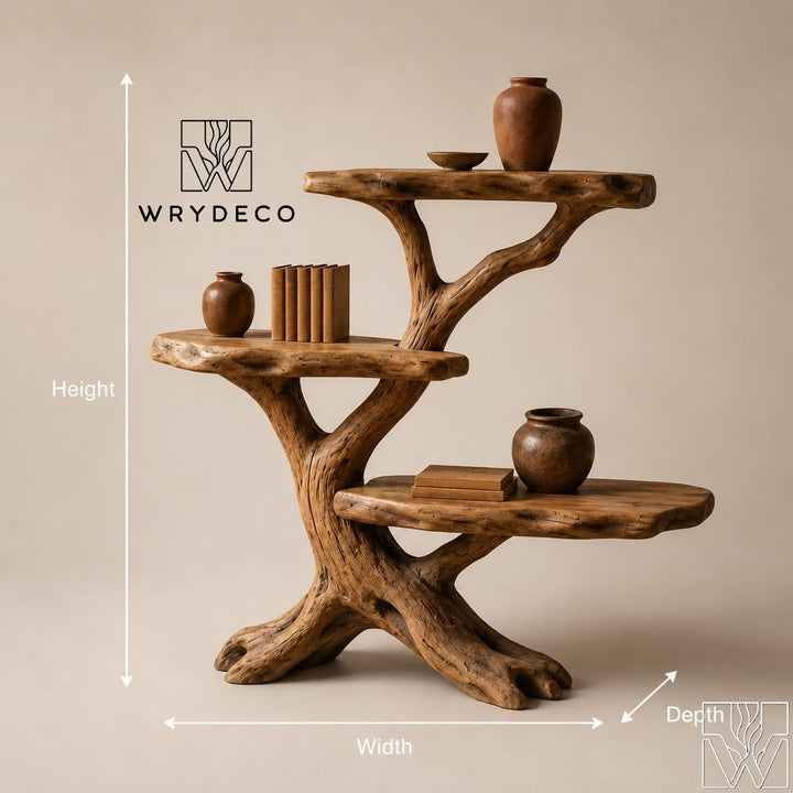Rustic Wood Tree Console Table 3 Tier Display Shelf