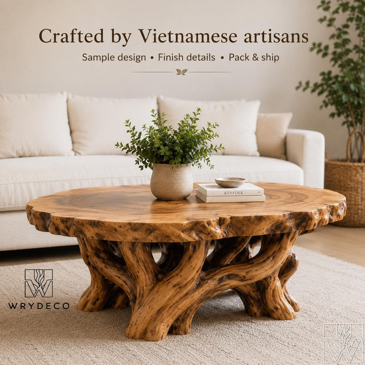Handcrafted Live Edge Root Wood Coffee Table with Sculptural Base