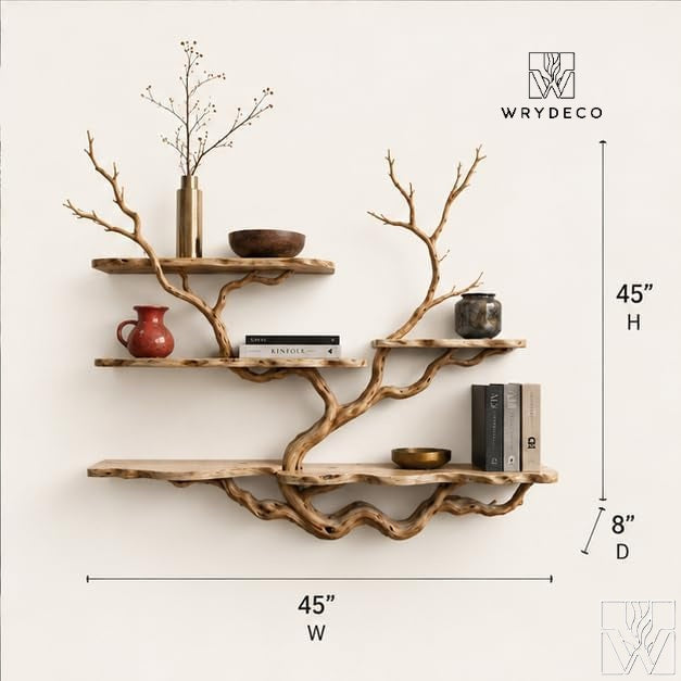 Handcrafted Rustic Wood Tree Branch Floating Bookshelf