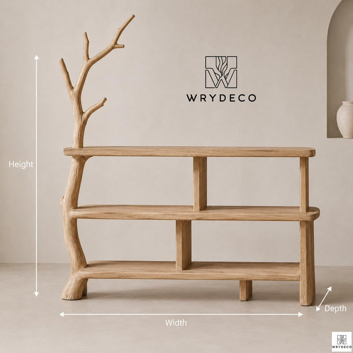 Rustic Tree Console Table Bookshelf 3 Tier Display
