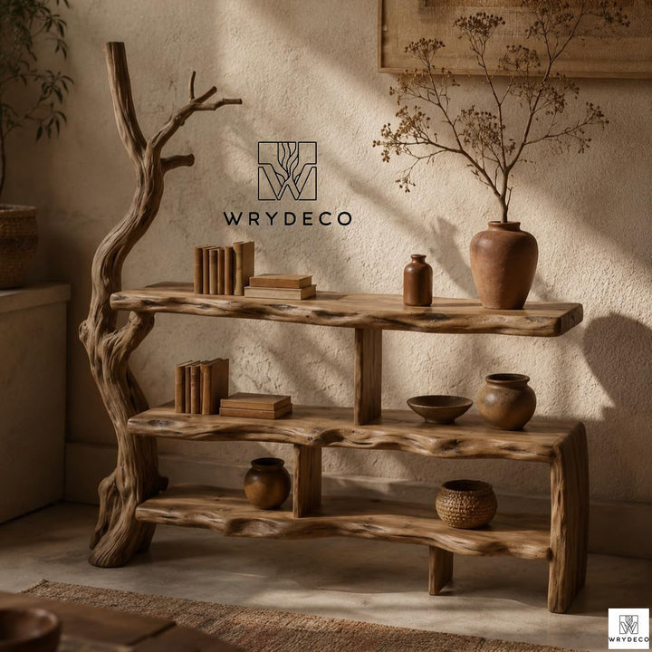 Rustic Tree Console Table Bookshelf Solid Wood Display