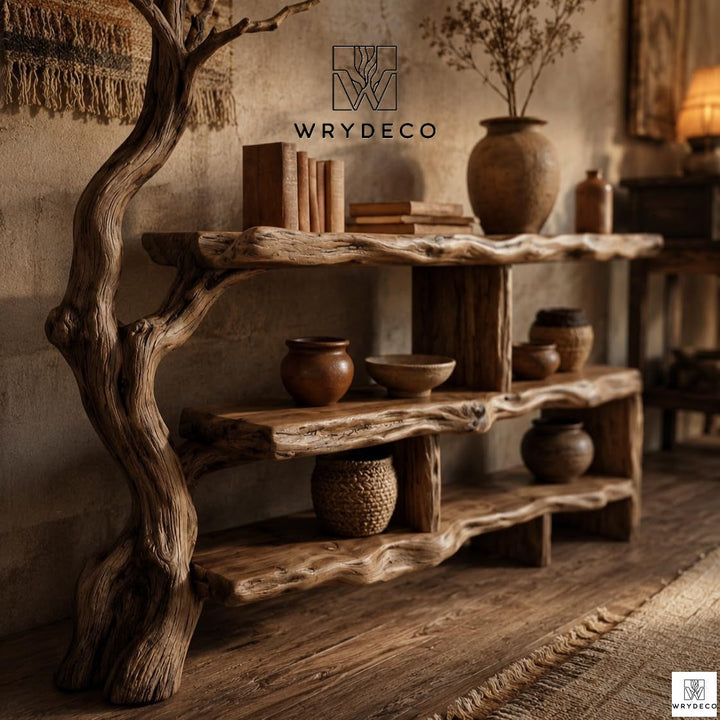 Rustic Tree Console Table Bookshelf Solid Wood Display