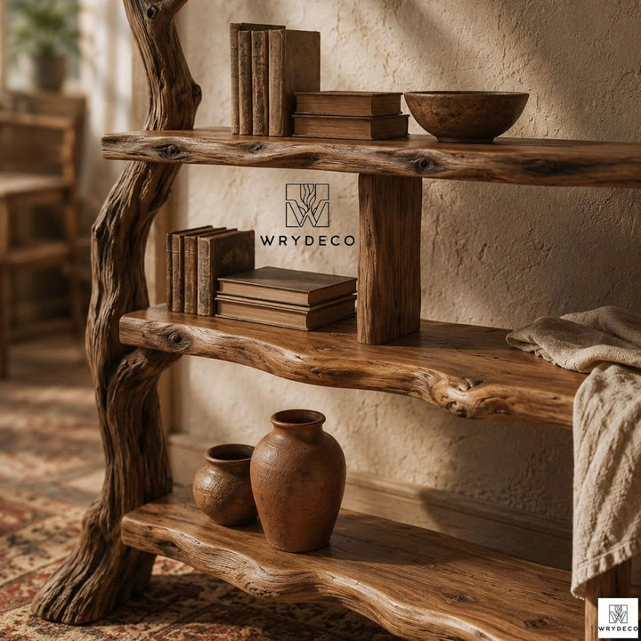 Rustic Tree Console Table Bookshelf Solid Wood Display