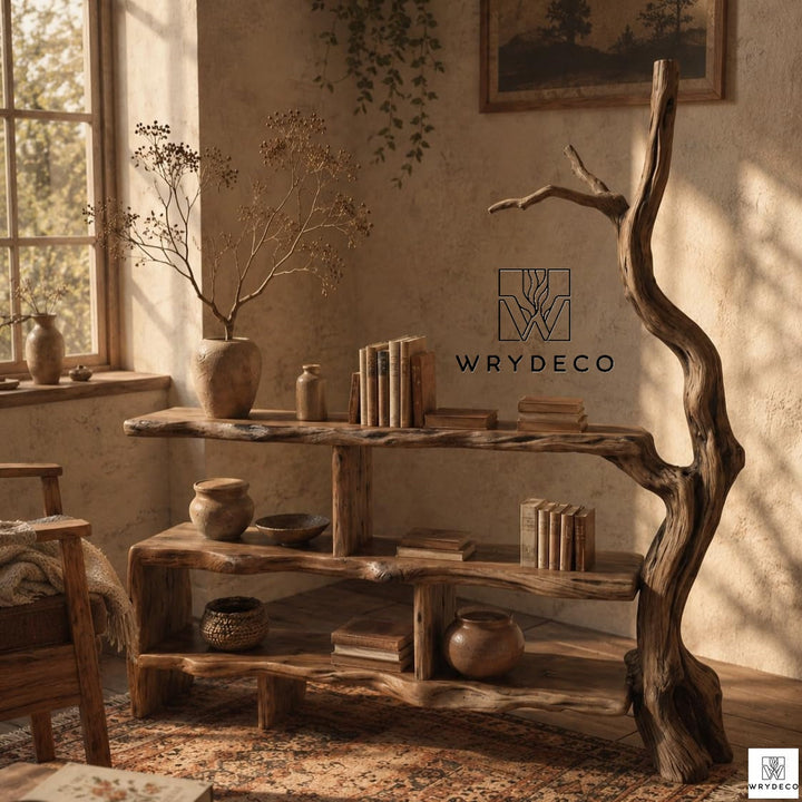 Rustic Tree Console Table Bookshelf Solid Wood Display