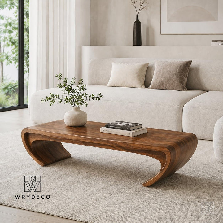 Handcrafted Curved Oak Wood Coffee Table Centerpiece