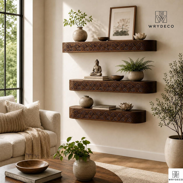 Solid Wood Fluted Floating Shelf Scalloped Edge Decor