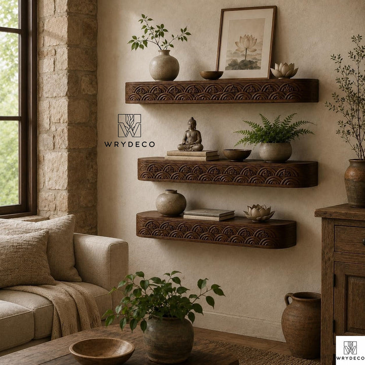 Solid Wood Fluted Floating Shelf Scalloped Edge Decor