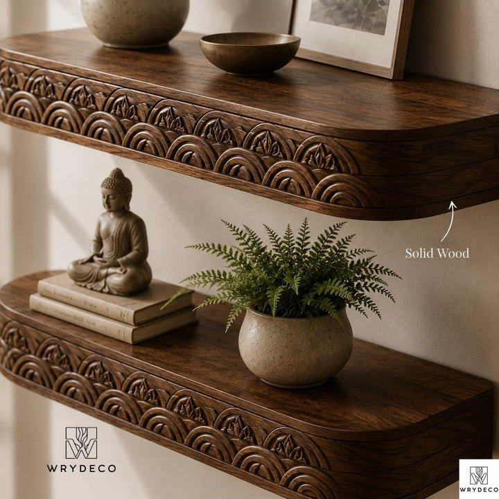 Solid Wood Fluted Floating Shelf Scalloped Edge Decor