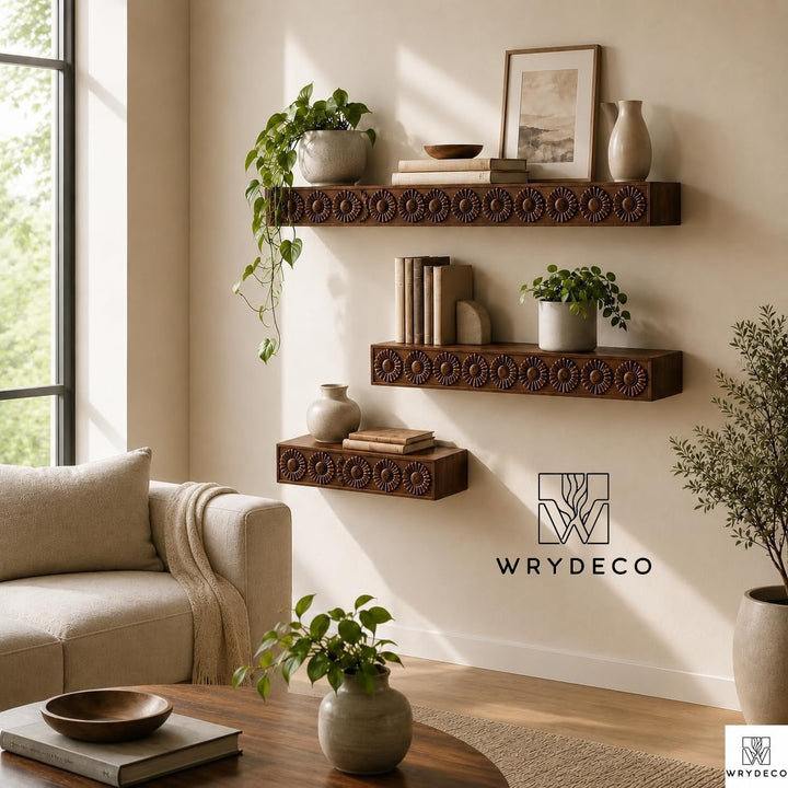 Handmade Fluted Wood Floating Shelf Scalloped Edge