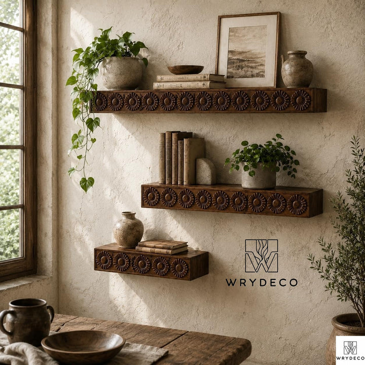 Handmade Fluted Wood Floating Shelf Scalloped Edge