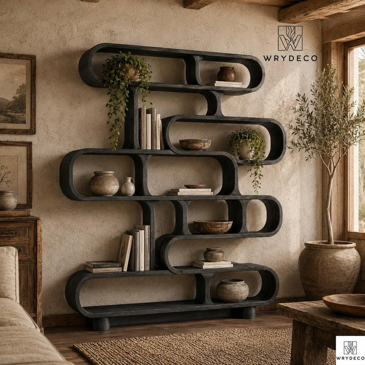 Sculptural Solid Wood Curved Bookshelf Display Decor