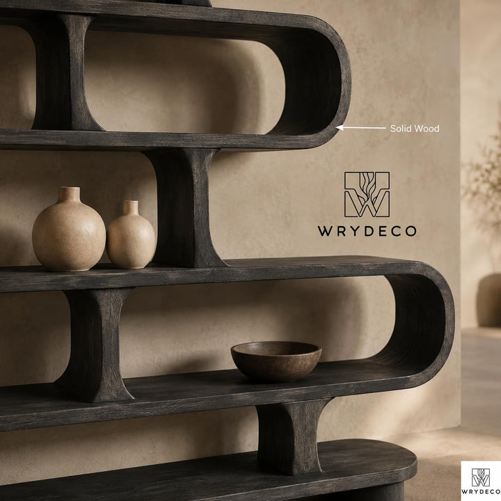 Sculptural Solid Wood Curved Bookshelf Display Decor