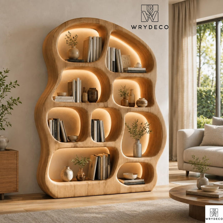 Solid Wood Organic Curved Freestanding Bookcase Decor