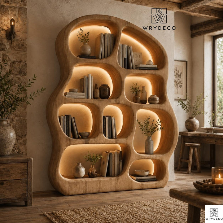 Solid Wood Organic Curved Freestanding Bookcase Decor