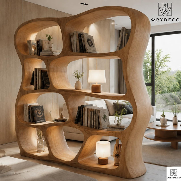 Organic Curved Solid Wood Bookshelf Freestanding